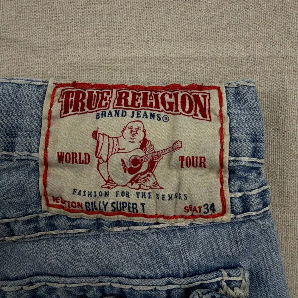 VTG True Religion Billy Super T Jeans 38 Blue Distressed Bootcut Contrast Stitch